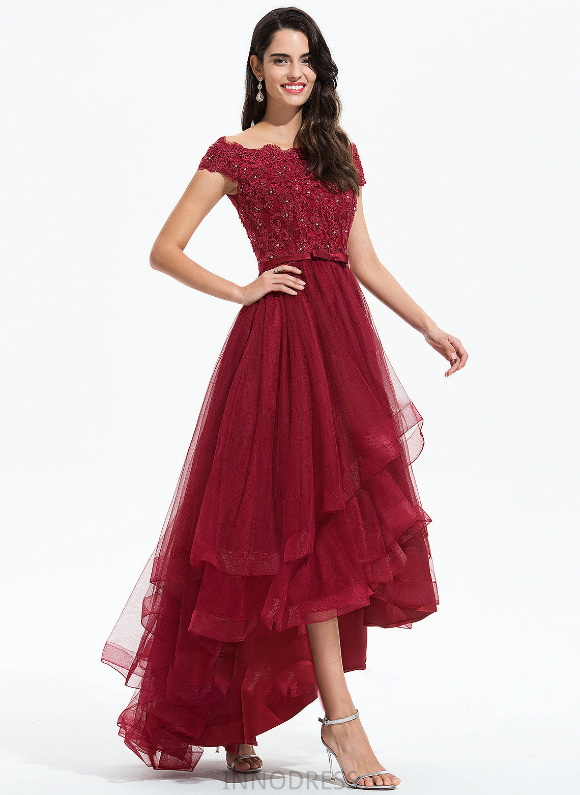 Tulle With Ball-Gown/Princess Off-the-Shoulder Sequins Izabella Beading Prom Dresses Asymmetrical Bow(s)