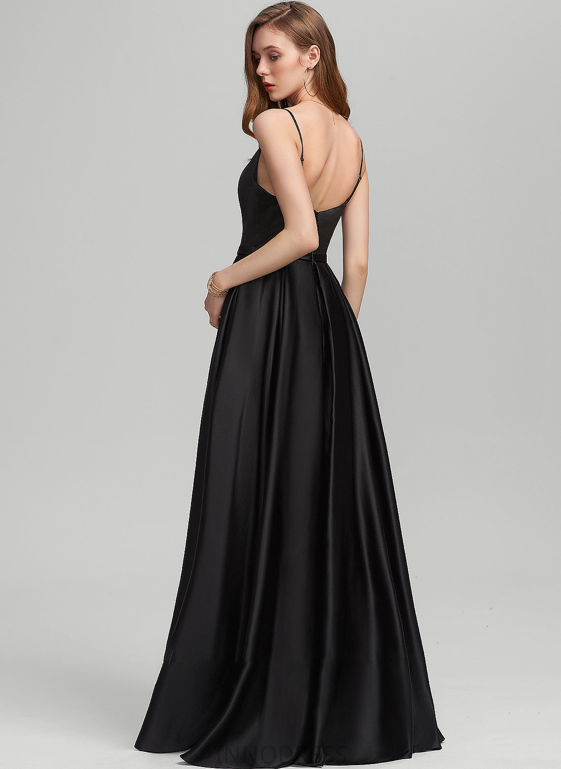 With Kylie Square Pockets Floor-Length Satin A-Line Neckline Split Prom Dresses Front