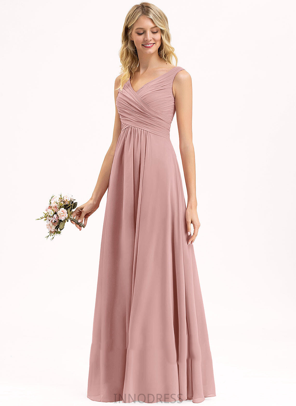 A-Line Fabric Pleated Neckline V-neck Floor-Length Length Silhouette Embellishment Aracely Floor Length A-Line/Princess Bridesmaid Dresses