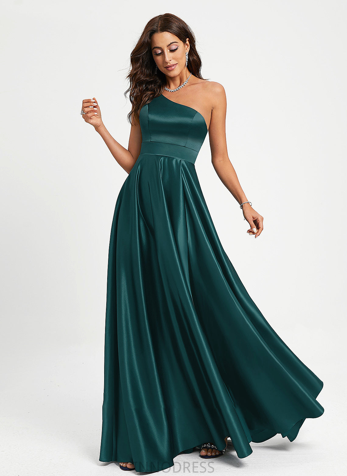 Satin A-Line Beading One-Shoulder Hailie Floor-Length With Prom Dresses