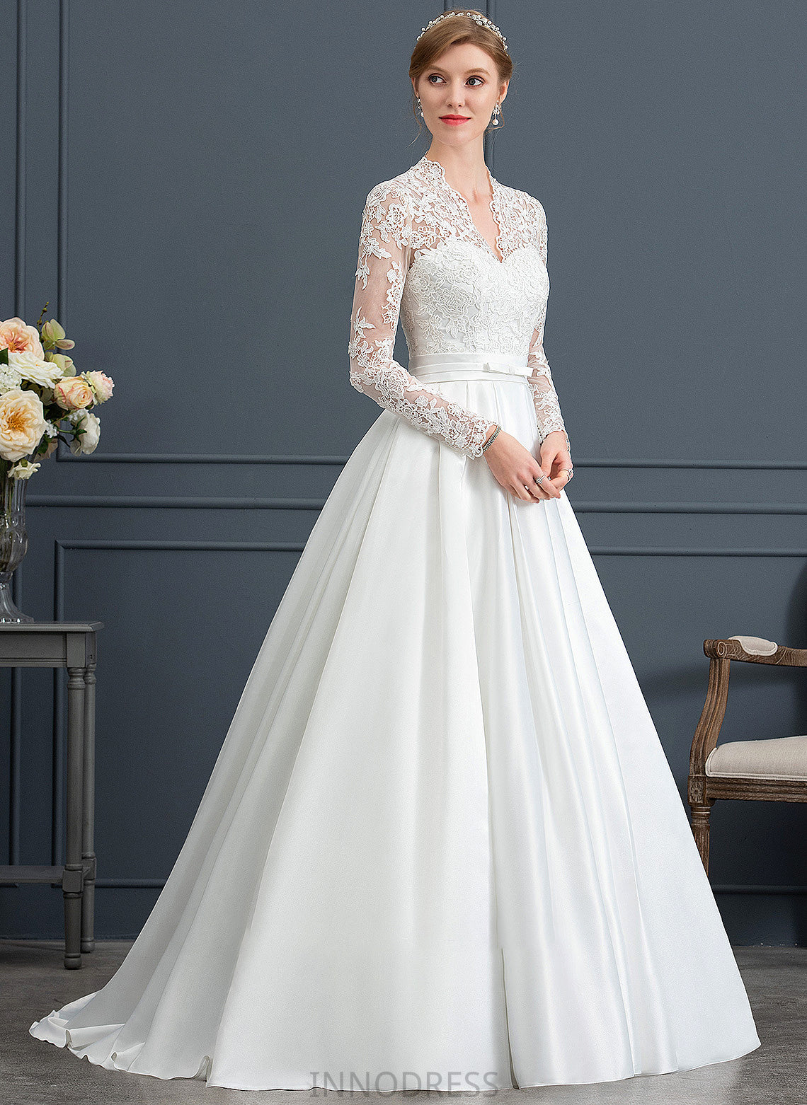 Wedding Ball-Gown/Princess Dress Satin V-neck Court Bow(s) Train With Bria Wedding Dresses