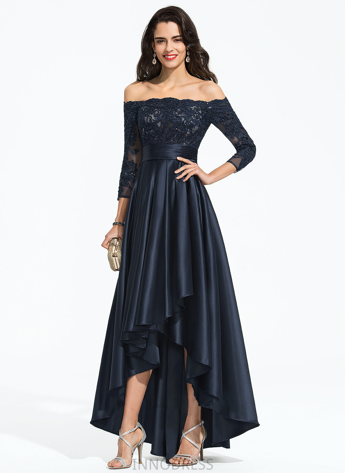 A-Line Prom Dresses Satin Off-the-Shoulder Asymmetrical Sequins Stacy With Ruffle