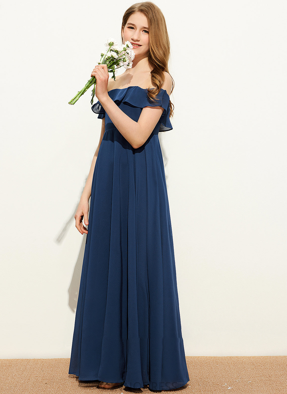 A-Line Junior Bridesmaid Dresses Nancy Chiffon Floor-Length Off-the-Shoulder