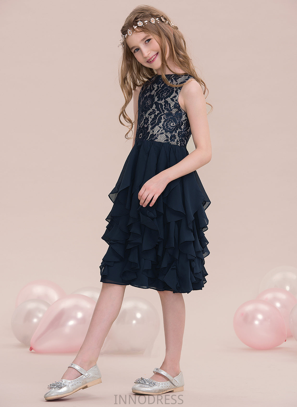 Cascading Knee-Length Scoop Neck Ruffles With Lorelei A-Line Junior Bridesmaid Dresses Chiffon