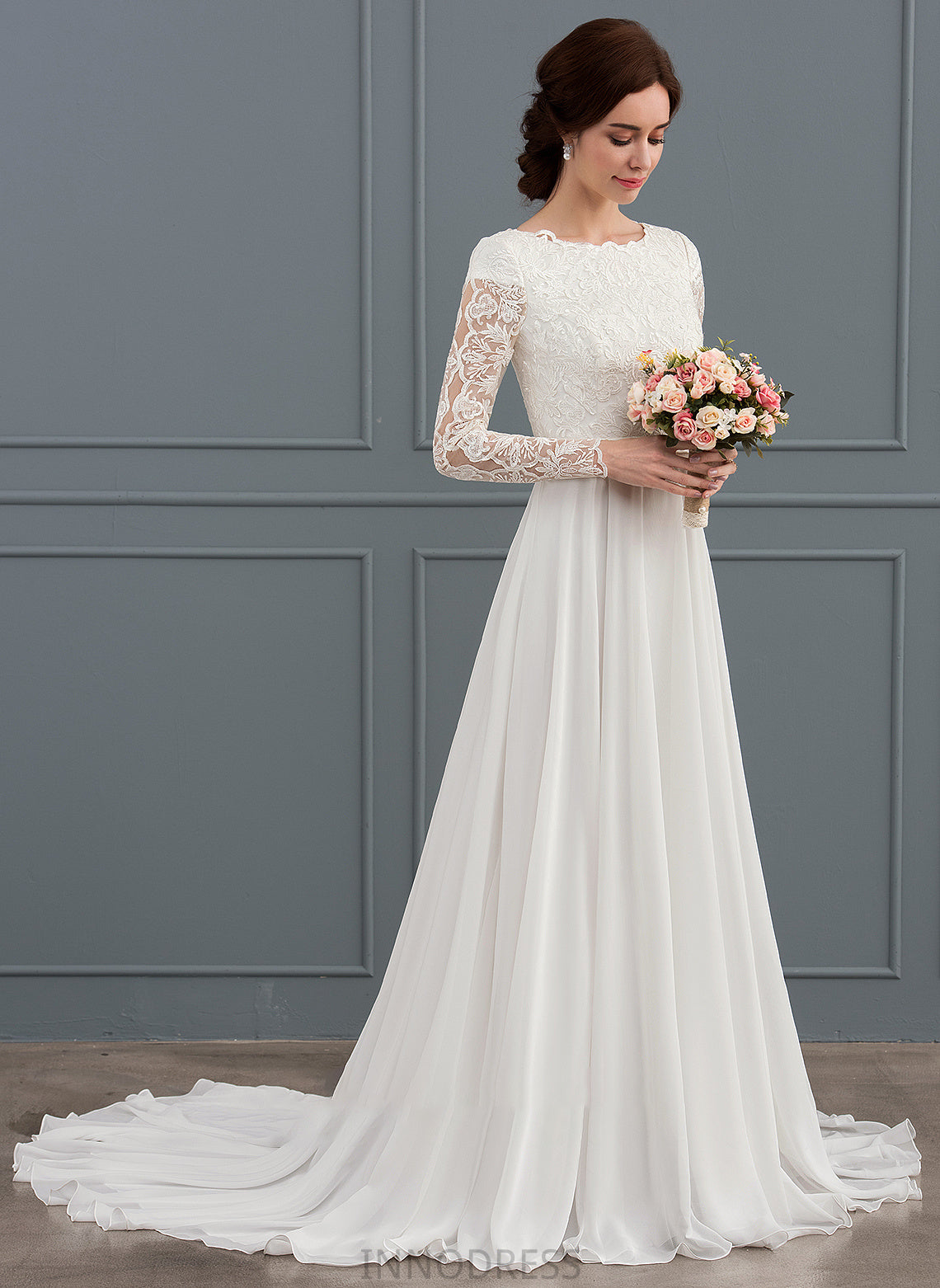 A-Line Court Wedding Dress Scoop Beading Wedding Dresses Chiffon With Train Neck Brisa