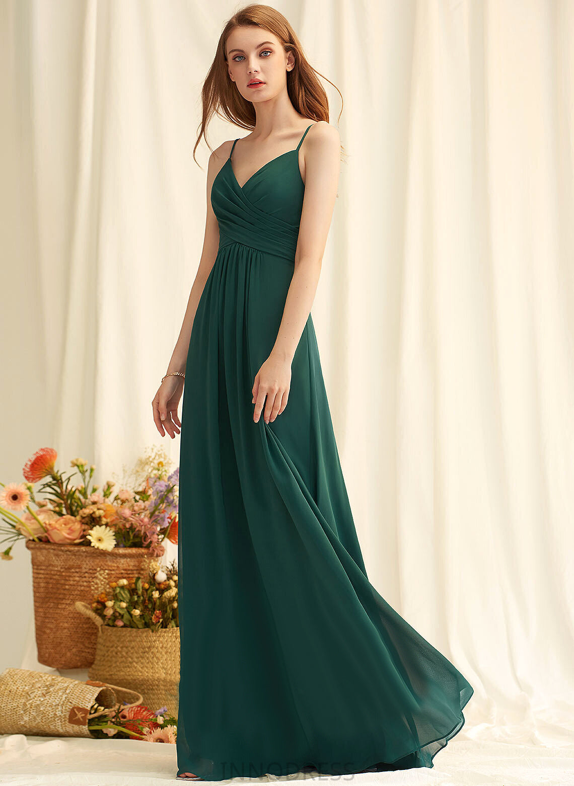 V-neck A-Line Floor-Length Silhouette Pleated Neckline Fabric Embellishment Length Annika Scoop Natural Waist Bridesmaid Dresses