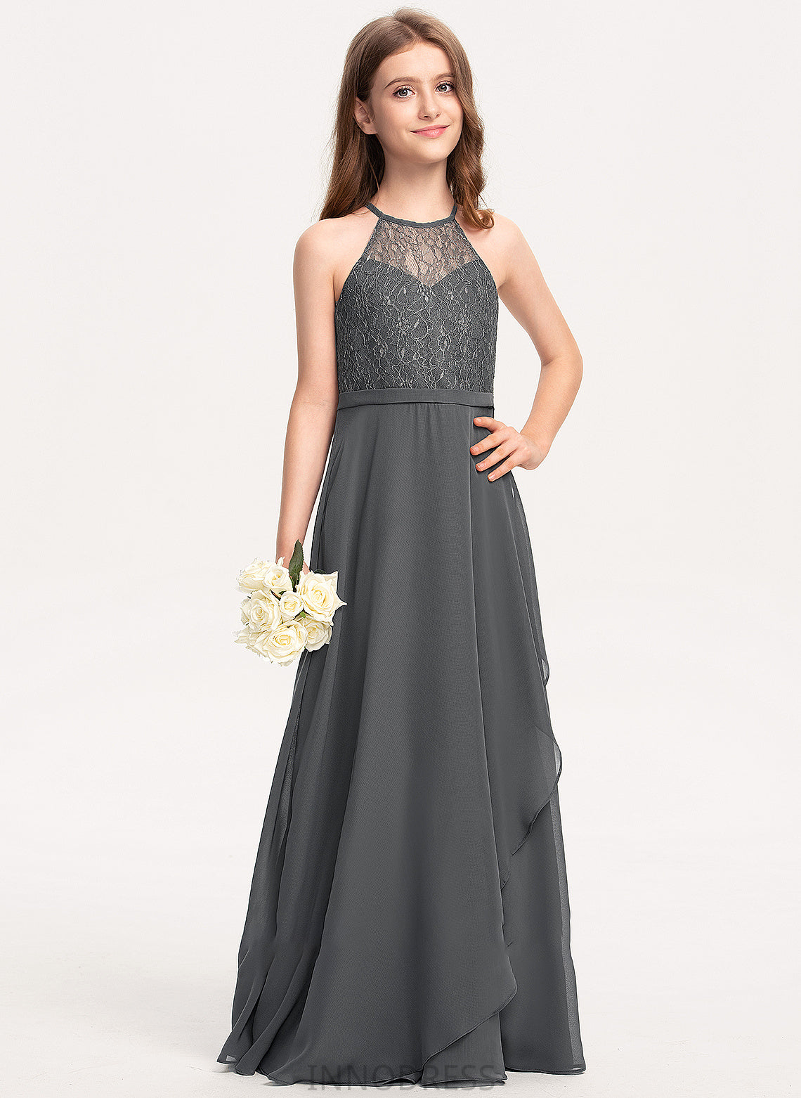 A-Line Cascading Michelle Scoop Ruffles Chiffon With Junior Bridesmaid Dresses Neck Lace Floor-Length