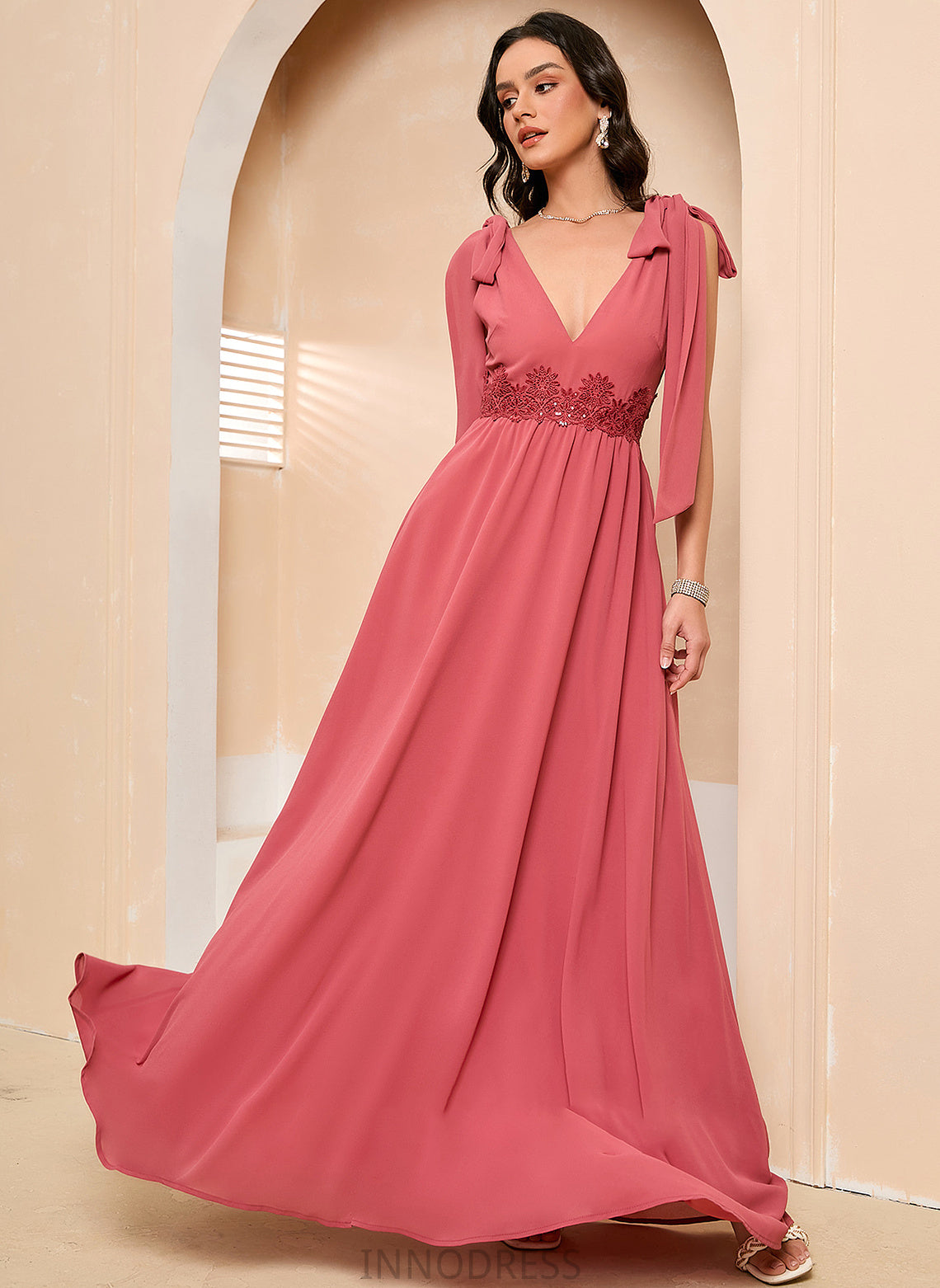 V-neck Prom Dresses A-Line With Bow(s) Myla Ankle-Length