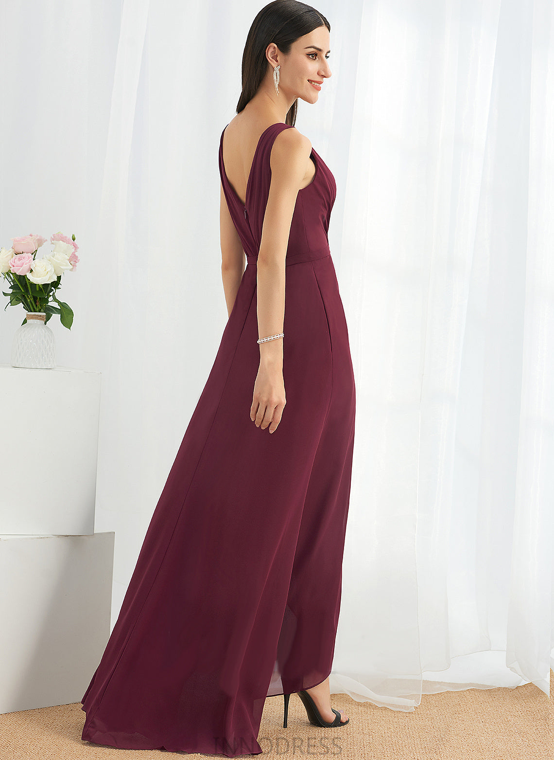 Embellishment Length Neckline A-Line SplitFront Asymmetrical Silhouette Fabric V-neck Ginny Cap Sleeves Natural Waist Bridesmaid Dresses