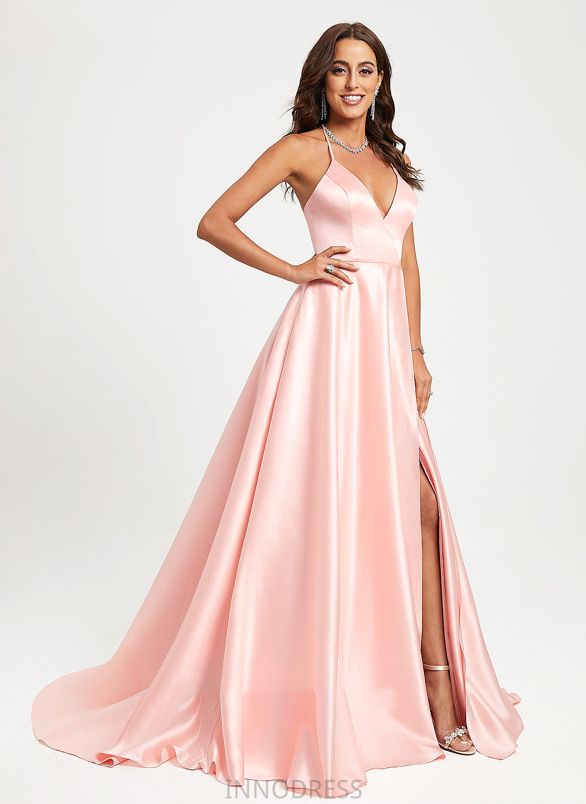 Train V-neck Satin A-Line Sweep Prom Dresses Elvira