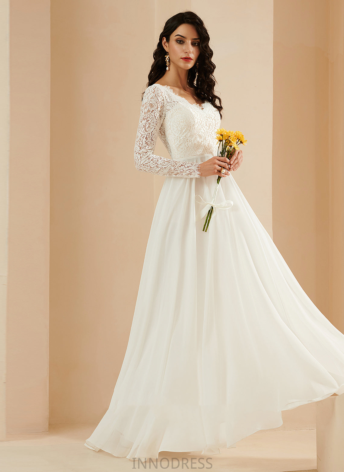 Kaitlynn V-neck Lace Wedding Dresses Sweep With Chiffon Wedding Dress A-Line Train