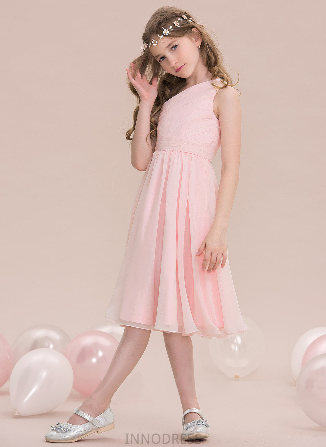 A-Line One-Shoulder Lyla Knee-Length Junior Bridesmaid Dresses Chiffon With Ruffle