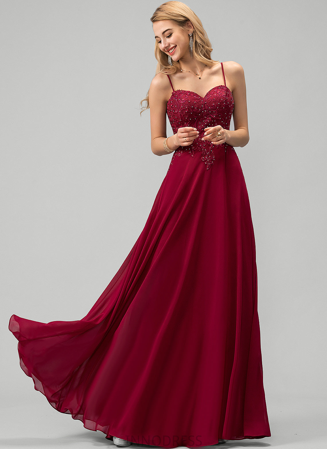 Floor-Length Sweetheart Chiffon A-Line Prom Dresses Rhinestone Jean With Lace