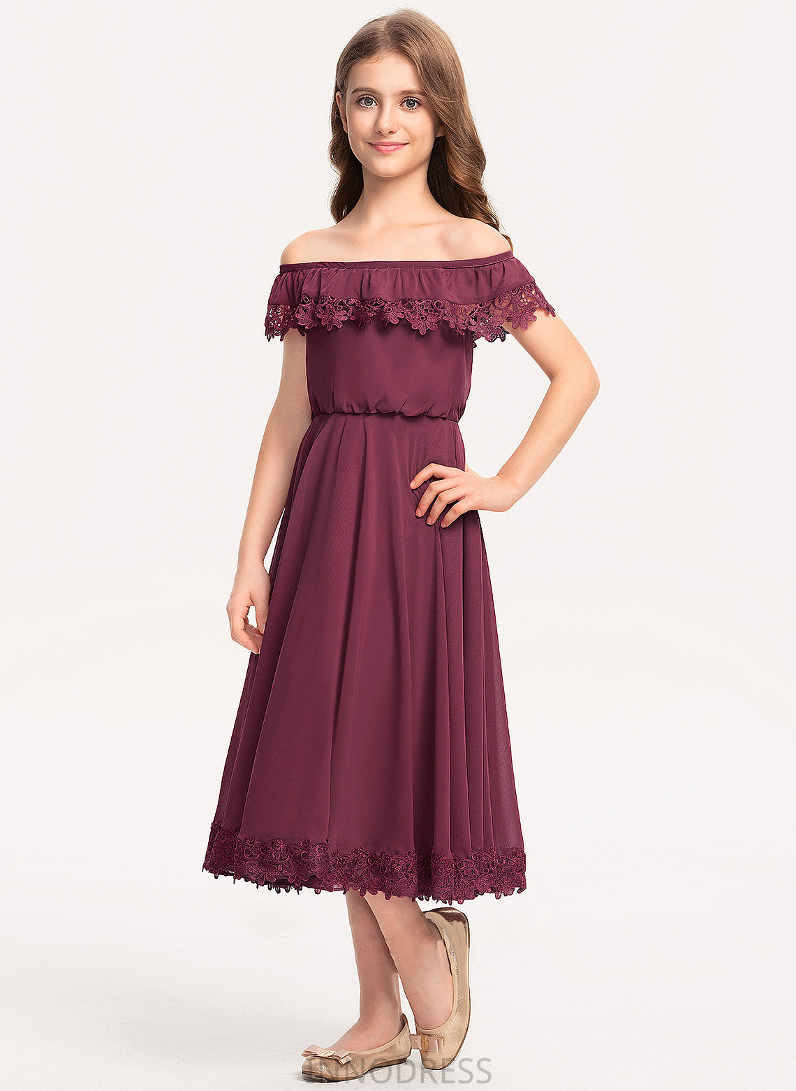 A-Line Lace Tea-Length Chiffon Off-the-Shoulder Junior Bridesmaid Dresses Kate