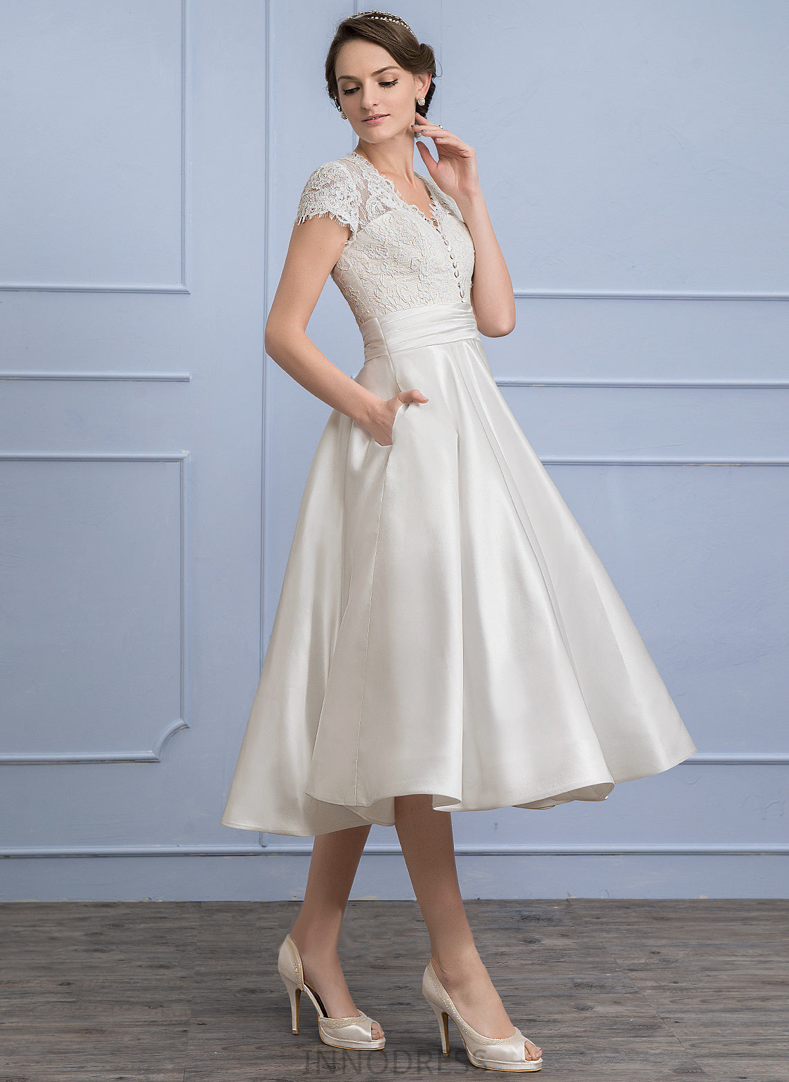 Lace Cecelia Wedding Dresses Wedding Tea-Length Satin Ruffle A-Line Dress V-neck With