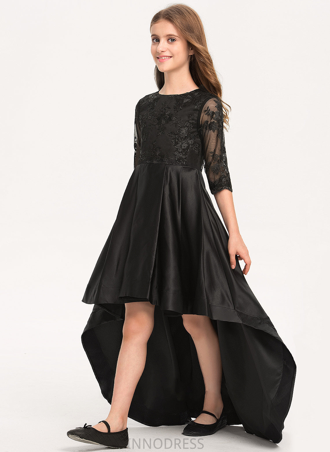 Satin Ruffle Asymmetrical With A-Line Scoop Lace Junior Bridesmaid Dresses Marissa Neck