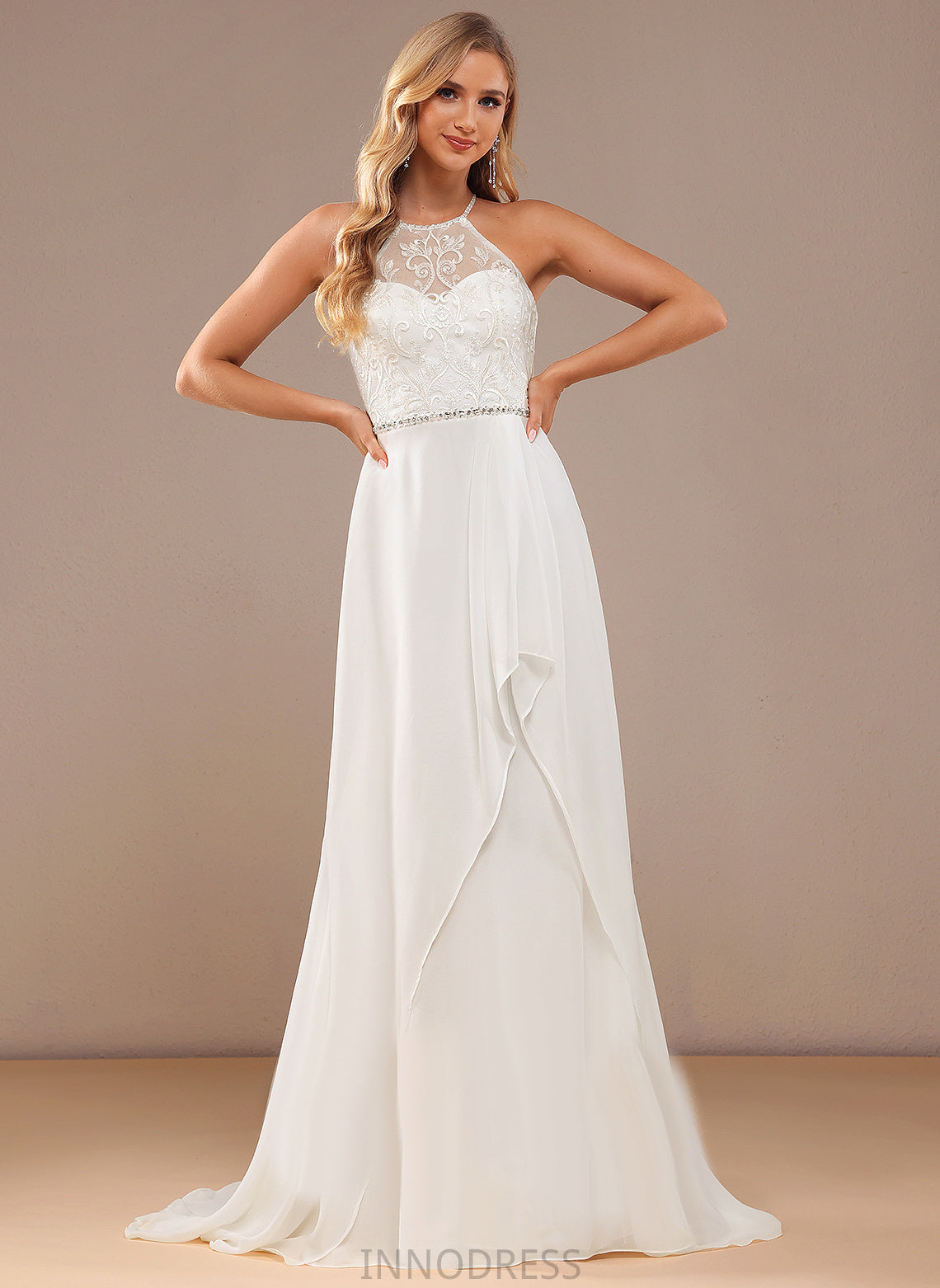 Chiffon Wedding Beading Train Neck A-Line Lace Lace Tracy High Sequins Sweep With Dress Wedding Dresses