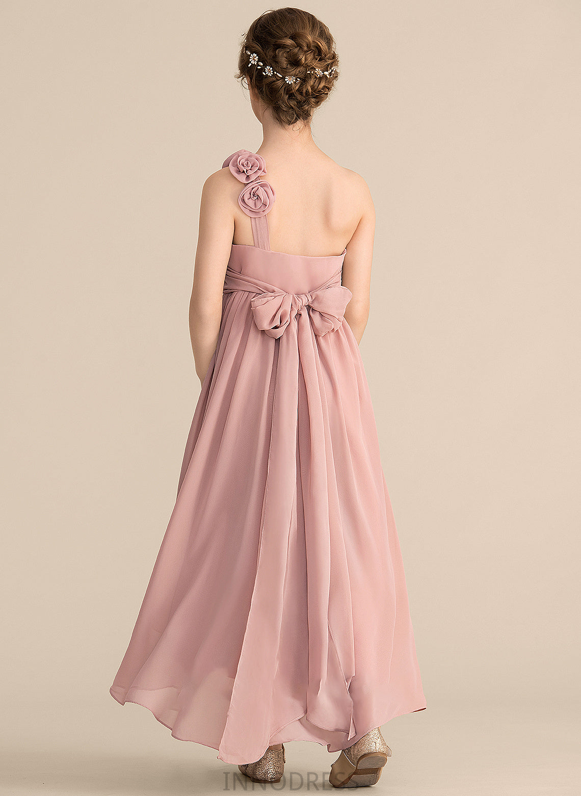 A-Line Chiffon Anahi Ruffle Junior Bridesmaid Dresses One-Shoulder With Asymmetrical Bow(s) Flower(s)