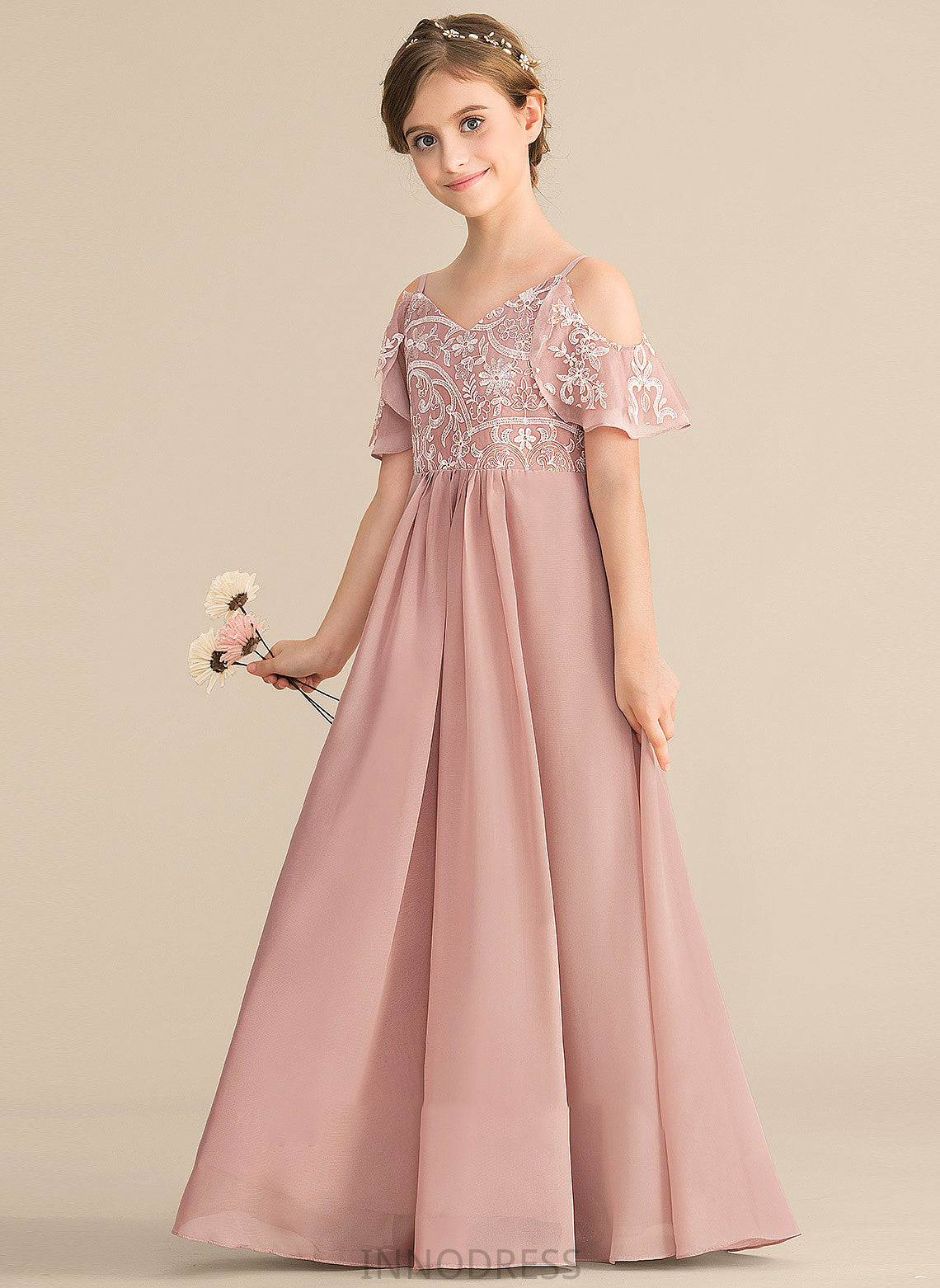 Jaden Floor-Length Lace Junior Bridesmaid Dresses V-neck Chiffon A-Line