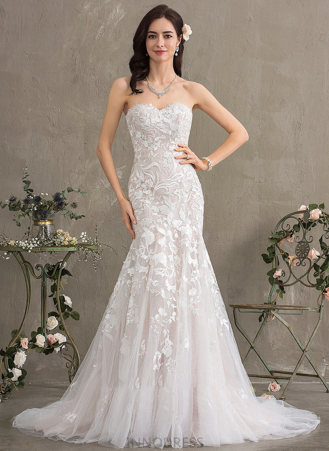 Trumpet/Mermaid Wedding Train Court Tulle Dress Sweetheart Wedding Dresses Lace Elaine