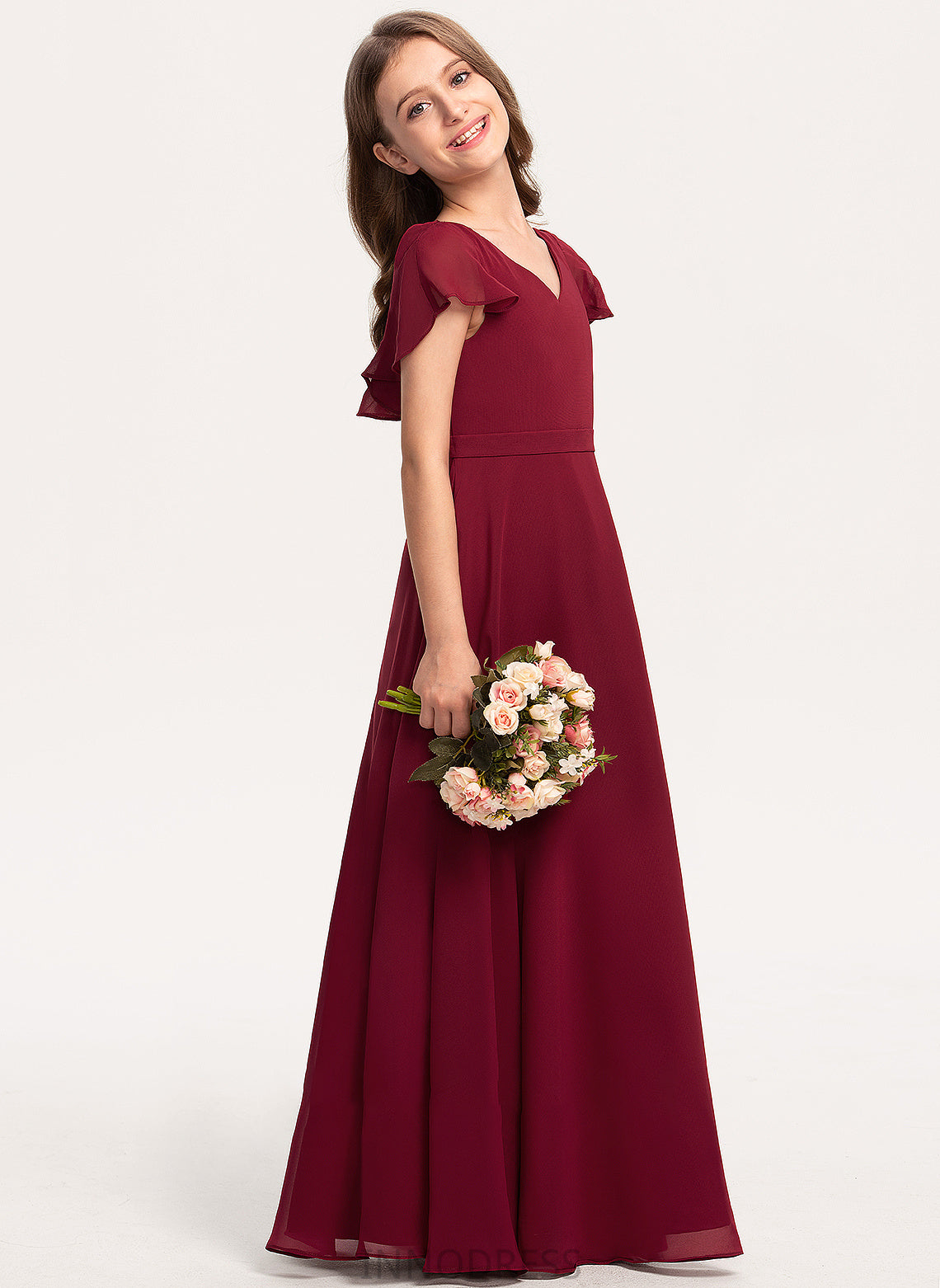 With Ruffles Cascading Chiffon Junior Bridesmaid Dresses V-neck Sarai A-Line Floor-Length