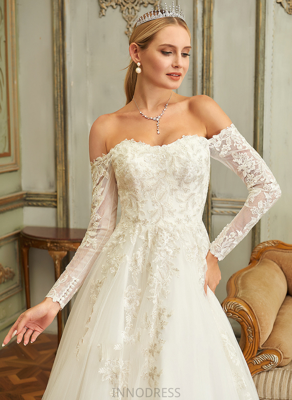 Wedding Dresses Lace Dress Wedding With Damaris Sweep Lace Ball-Gown/Princess Off-the-Shoulder Train Tulle