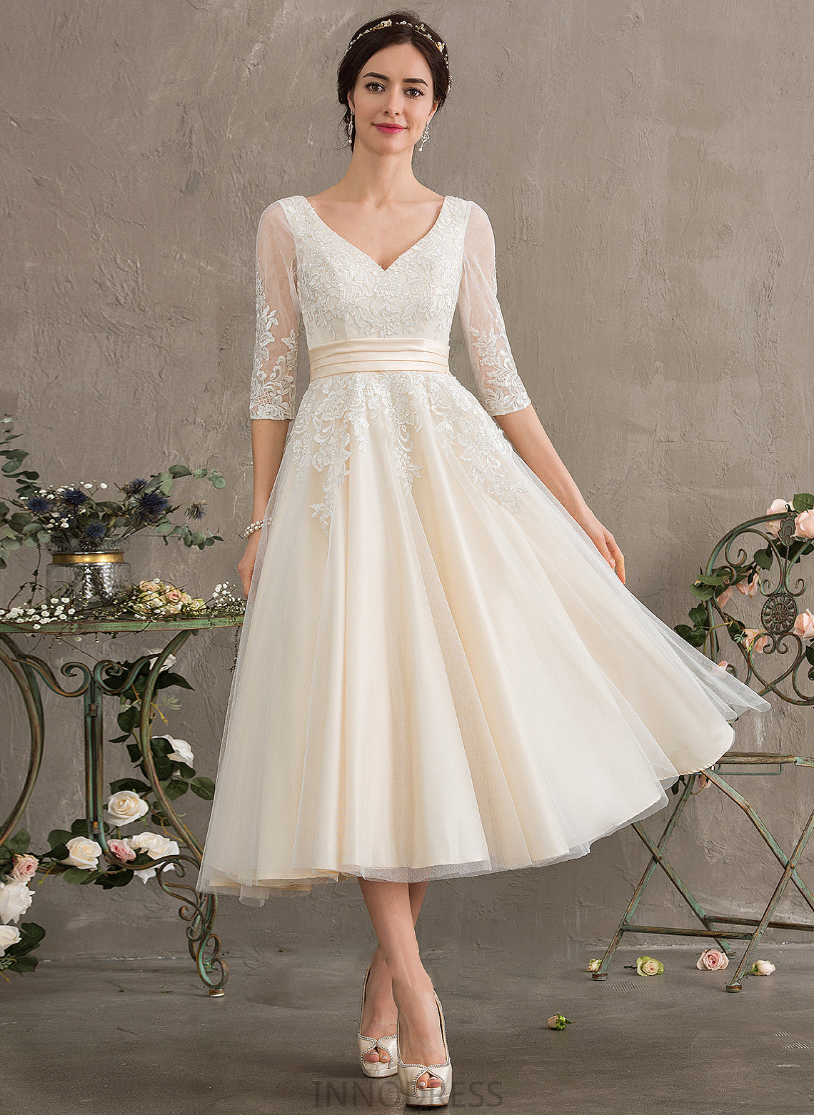 Tea-Length Wedding Dresses Dress Ball-Gown/Princess Cierra Tulle Wedding V-neck