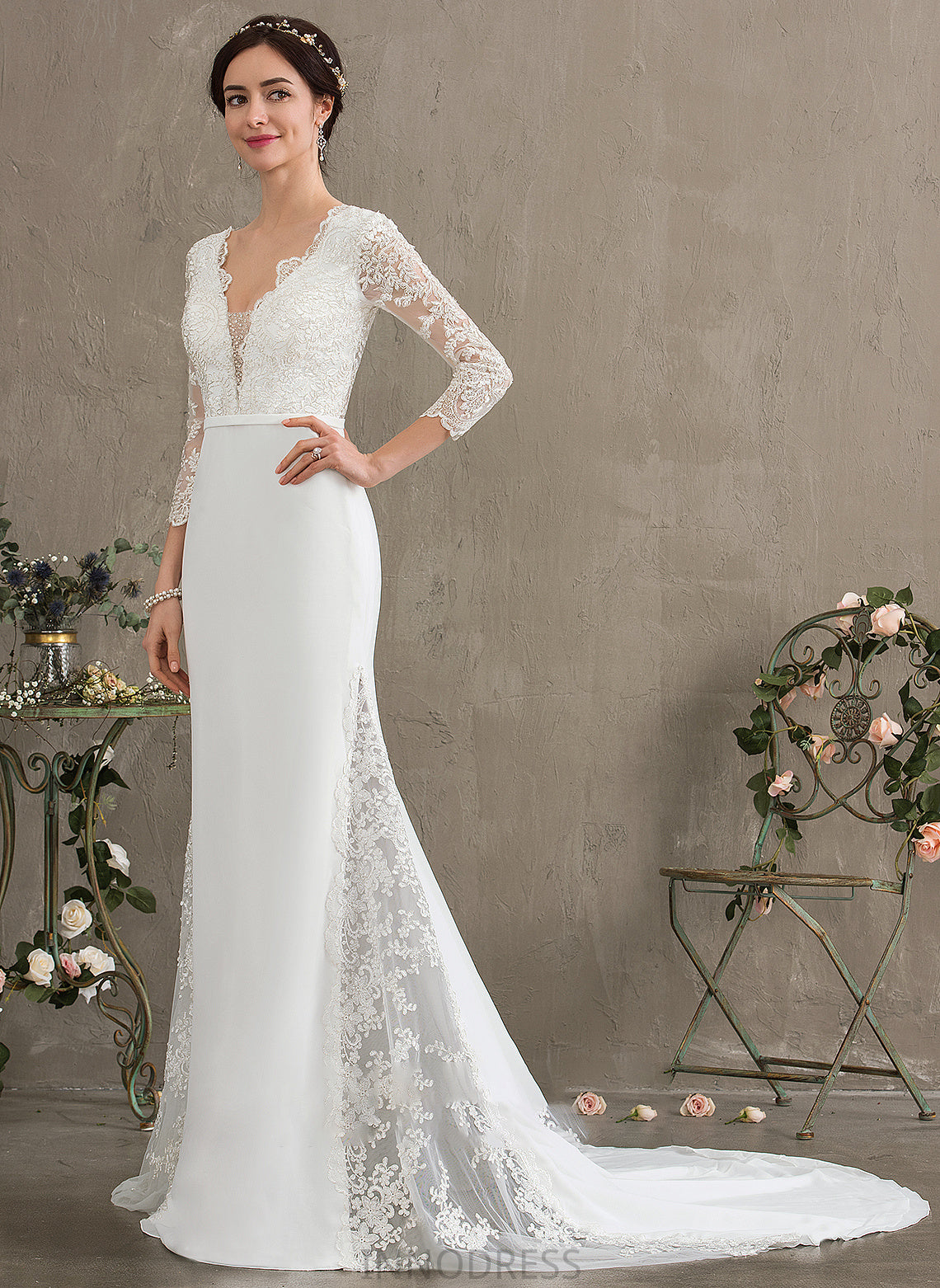 Wedding Dresses With Sequins Wedding Juliana Chapel Train Beading Trumpet/Mermaid Chiffon Dress V-neck