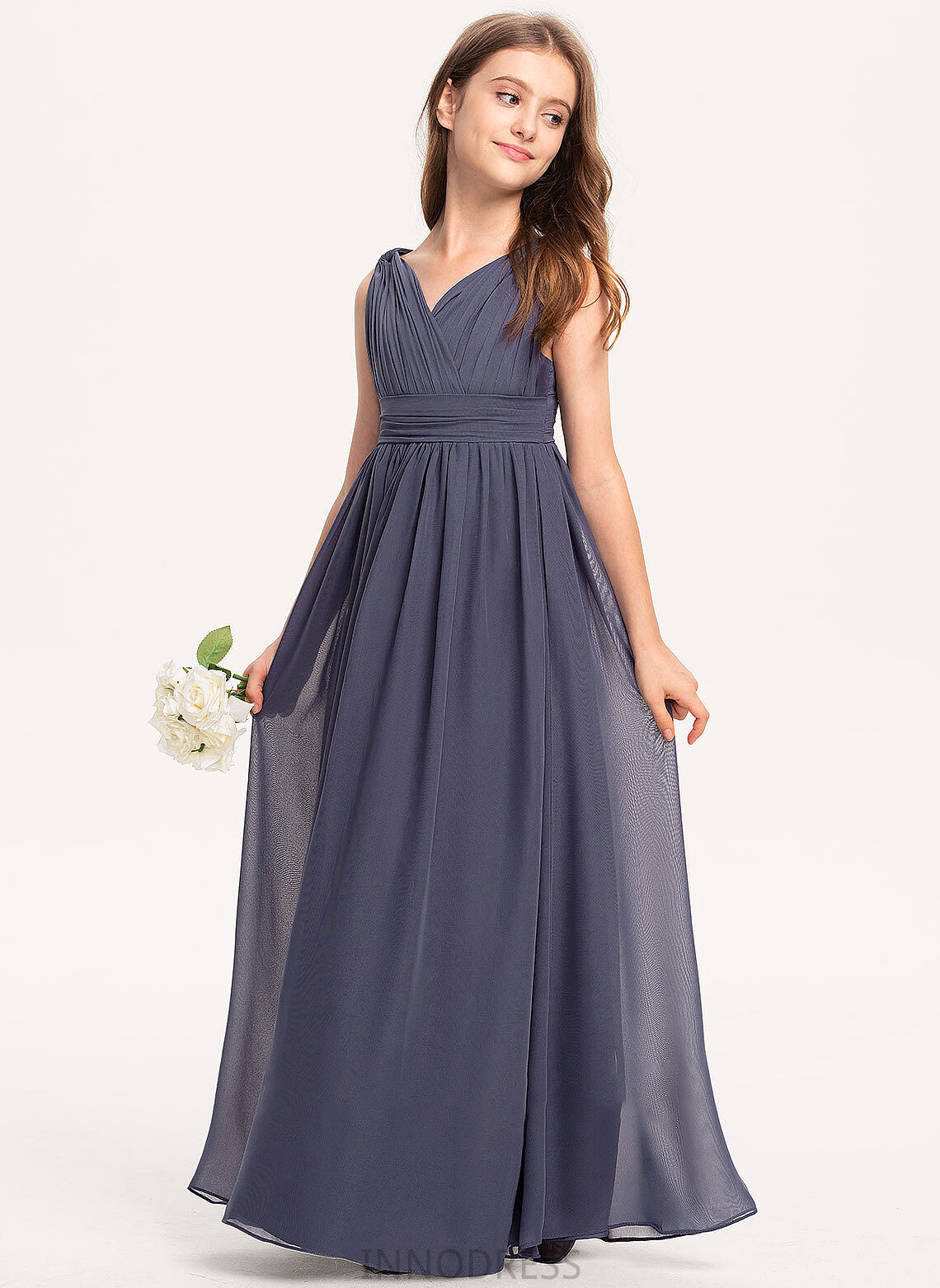 V-neck Ruffle With Junior Bridesmaid Dresses A-Line Chiffon Aliya Floor-Length