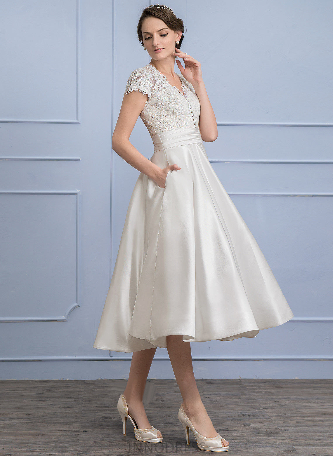 Tea-Length Lace Satin A-Line Ruffle Wedding V-neck Dress Scarlett Pockets Wedding Dresses With