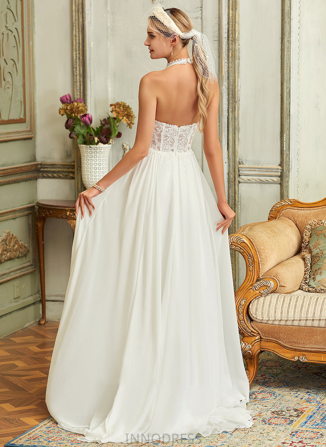 Lace Chiffon Sweep Train Wedding Dresses A-Line Kierra Halter Dress Wedding