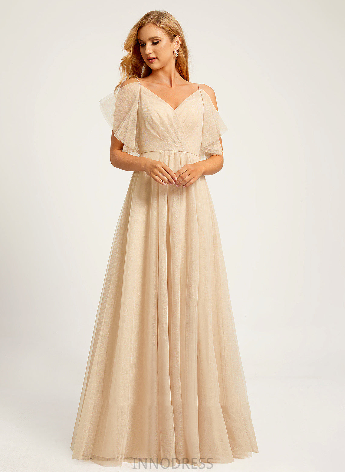 SplitFront Embellishment Neckline Silhouette V-neck Floor-Length Length Fabric A-Line Dania V-Neck A-Line/Princess Bridesmaid Dresses