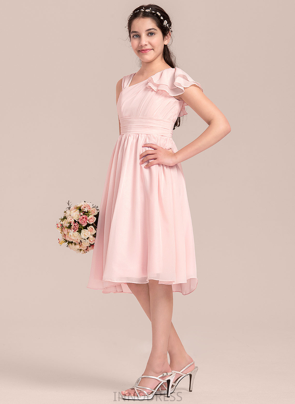 Ruffles Junior Bridesmaid Dresses Chiffon Cascading With V-neck Knee-Length Nathaly A-Line