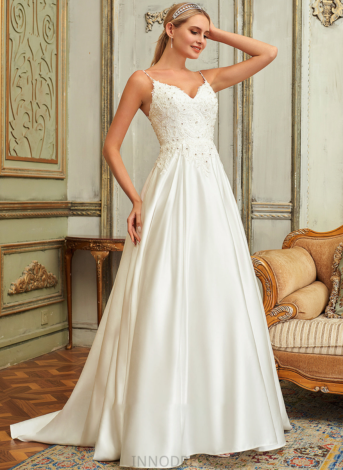 Lace With V-neck Sequins Wedding Dresses Sweep Pockets Wedding Dress Kamryn Satin Beading Train Ball-Gown/Princess Lace