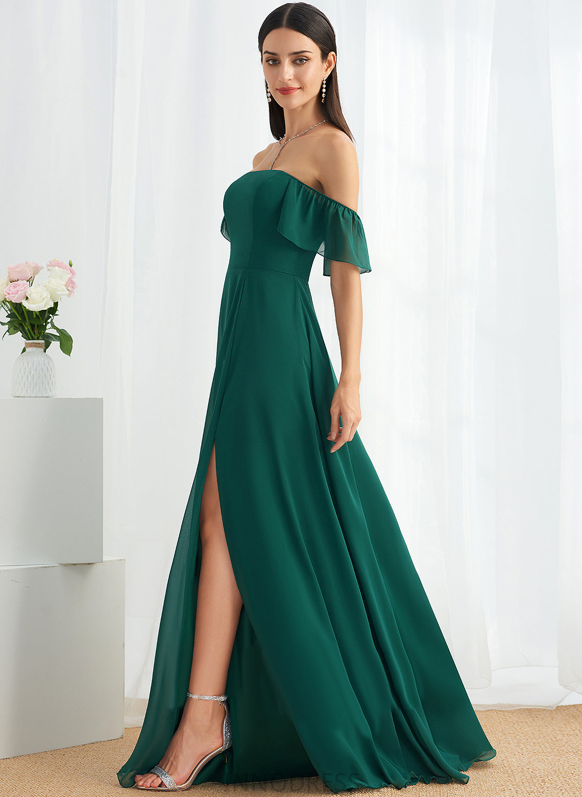 Fabric Neckline Silhouette Length Off-the-Shoulder SplitFront Embellishment Floor-Length A-Line Novia Sleeveless Scoop Bridesmaid Dresses