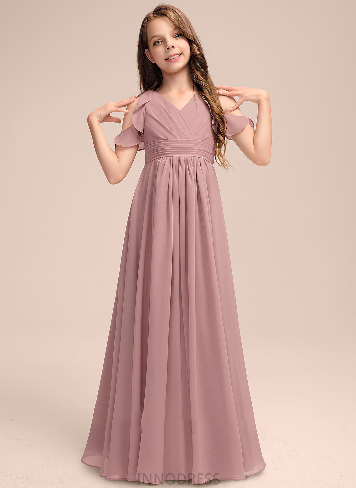 Abigail Cascading V-neck Floor-Length Ruffles Chiffon A-Line With Junior Bridesmaid Dresses