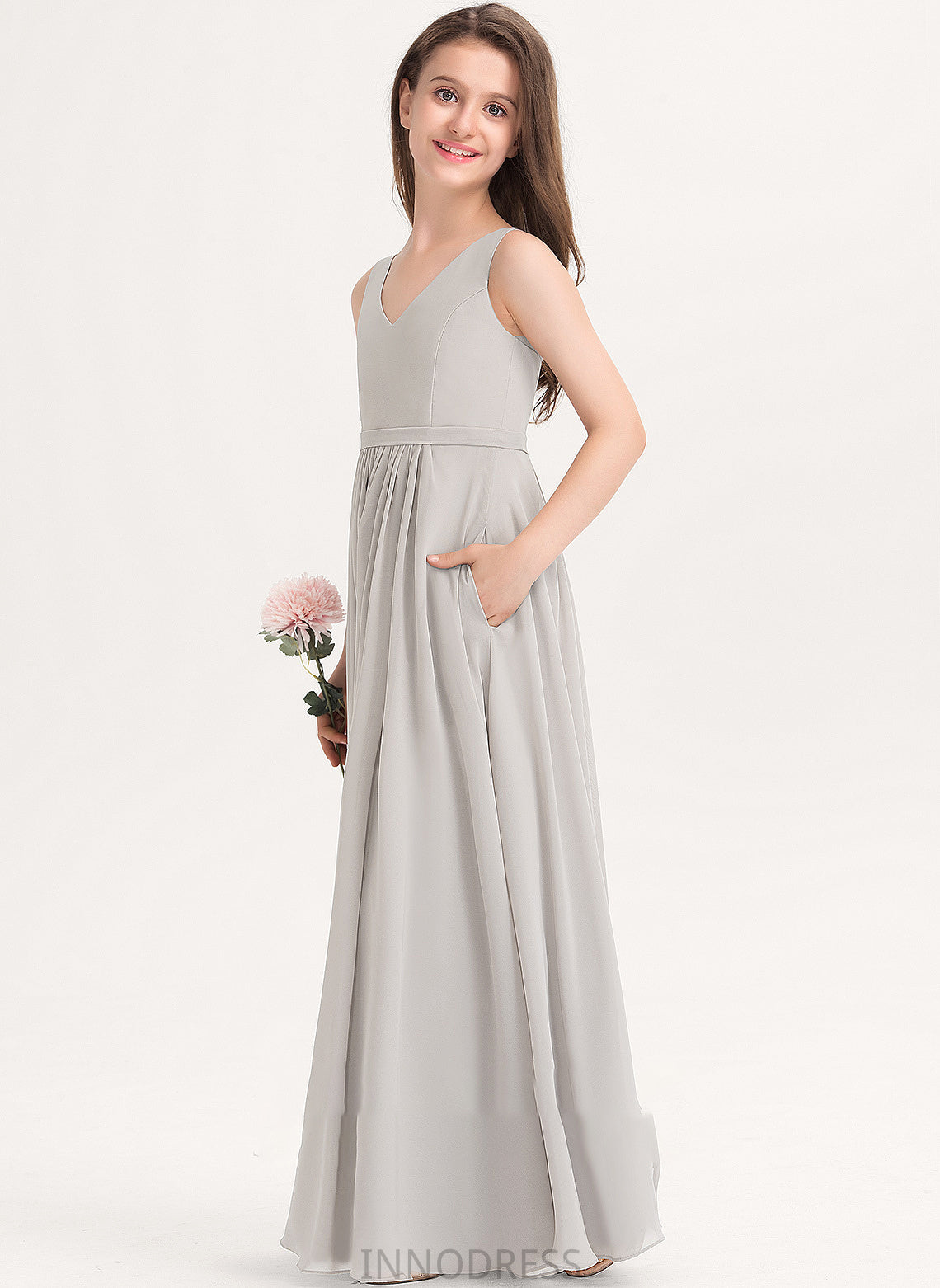 With Floor-Length Junior Bridesmaid Dresses V-neck A-Line Pockets Jaslene Chiffon