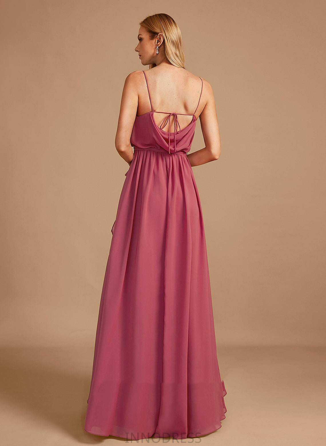 Embellishment Ruffle Silhouette Length CowlNeck Neckline Floor-Length A-Line Fabric SplitFront Sue Sleeveless Bridesmaid Dresses