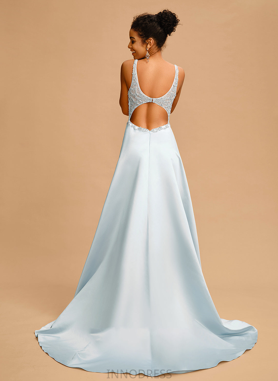 Abbey Prom Dresses Train V-neck With Beading Ball-Gown/Princess Satin Sweep