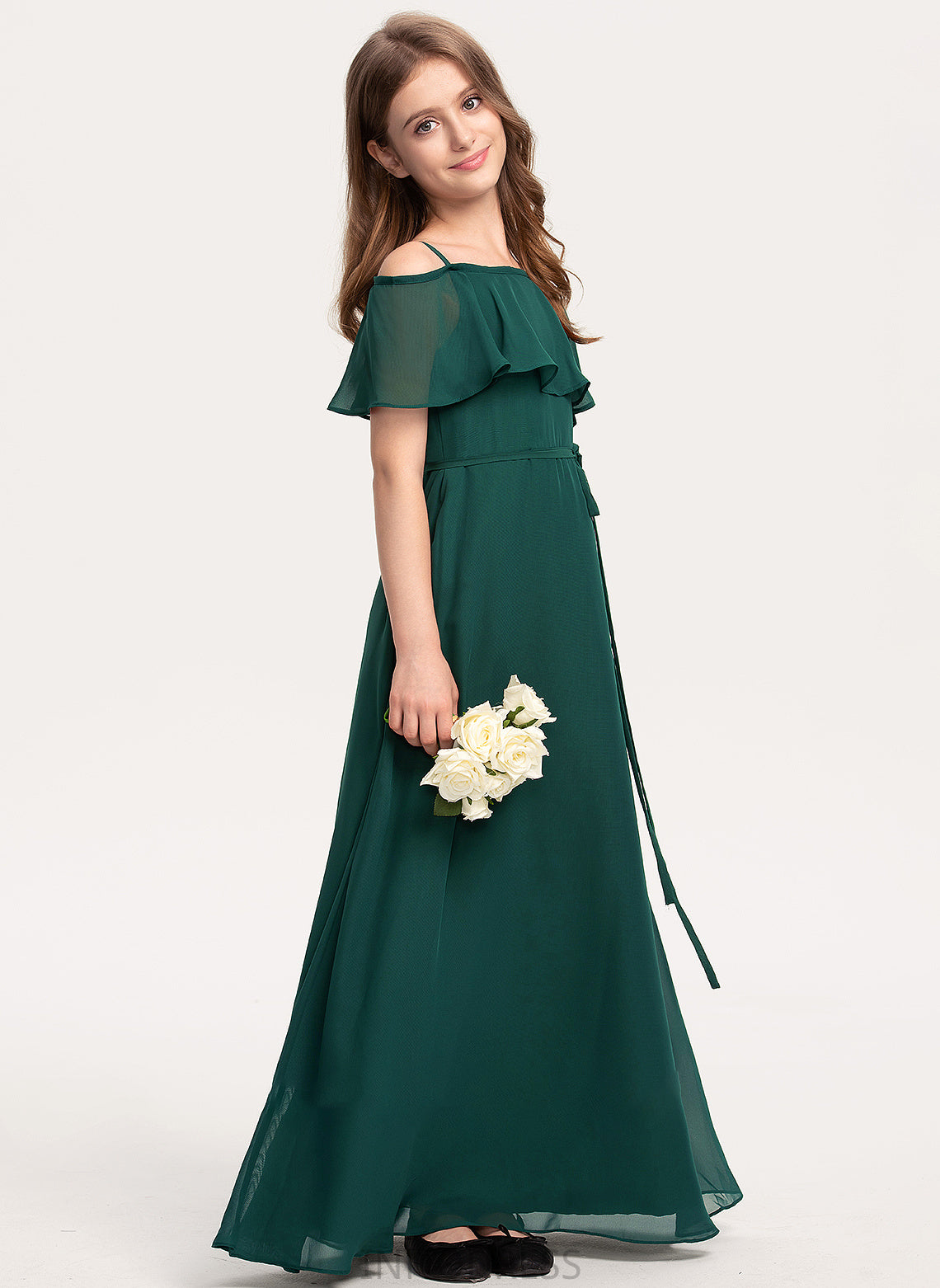 Junior Bridesmaid Dresses Natasha Bow(s) A-Line With Floor-Length Chiffon Off-the-Shoulder