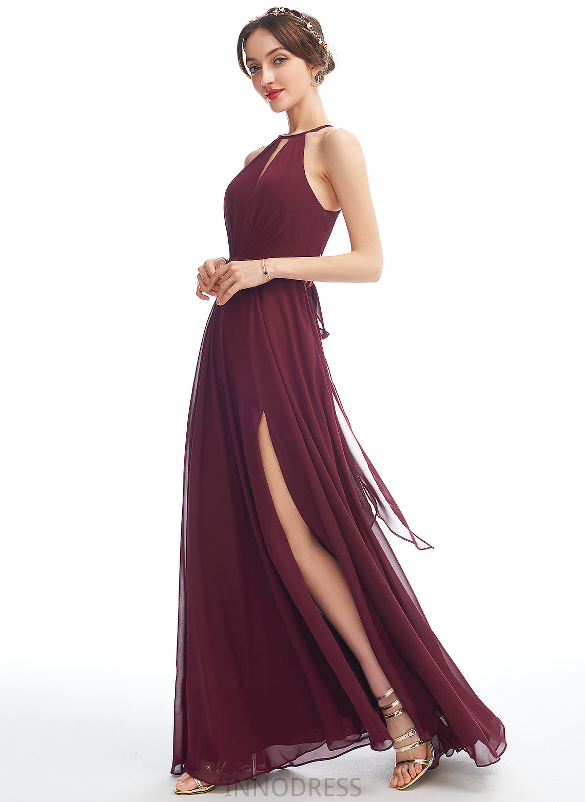 Embellishment SplitFront Silhouette Floor-Length Length Fabric Halter A-Line Neckline Lilly Floor Length Sheath/Column Bridesmaid Dresses