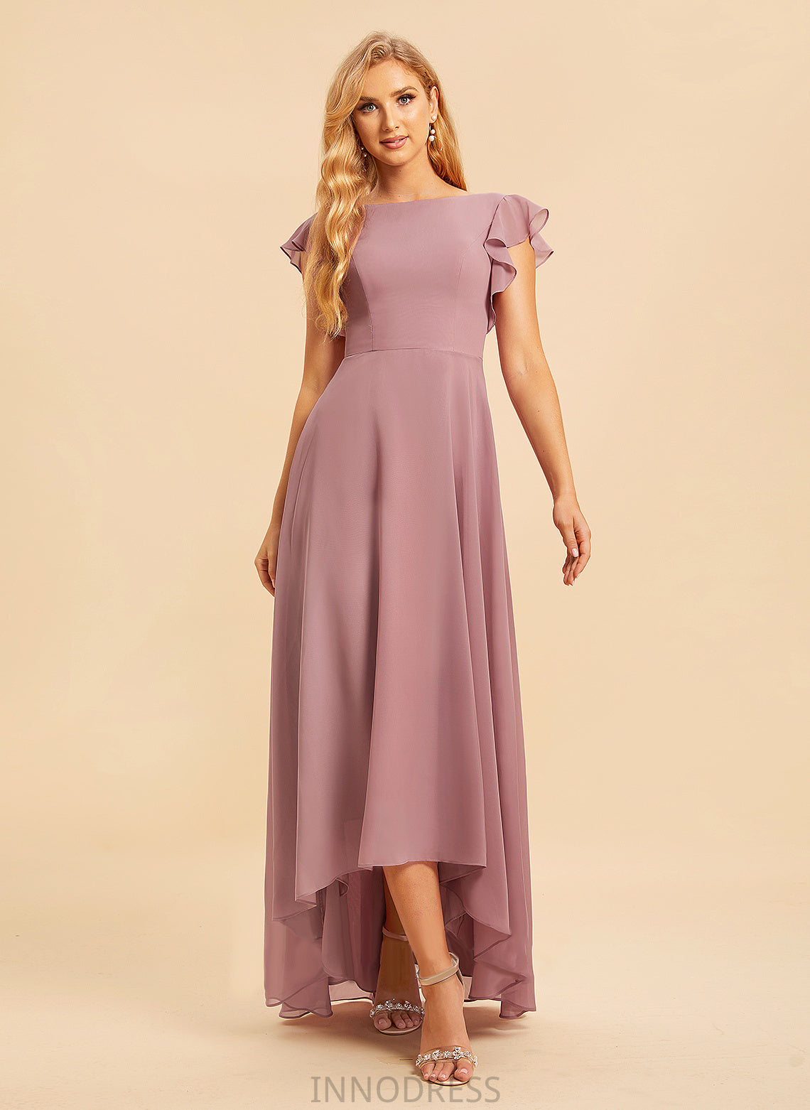 Asymmetrical Embellishment Ruffle Neckline ScoopNeck Silhouette A-Line Length Fabric Bailey Spaghetti Staps Natural Waist Bridesmaid Dresses