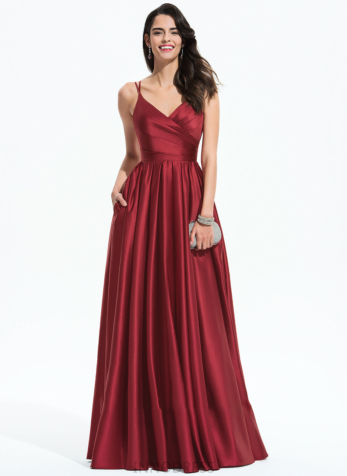 A-Line Floor-Length Sanaa Pockets Prom Dresses With V-neck Ruffle Satin