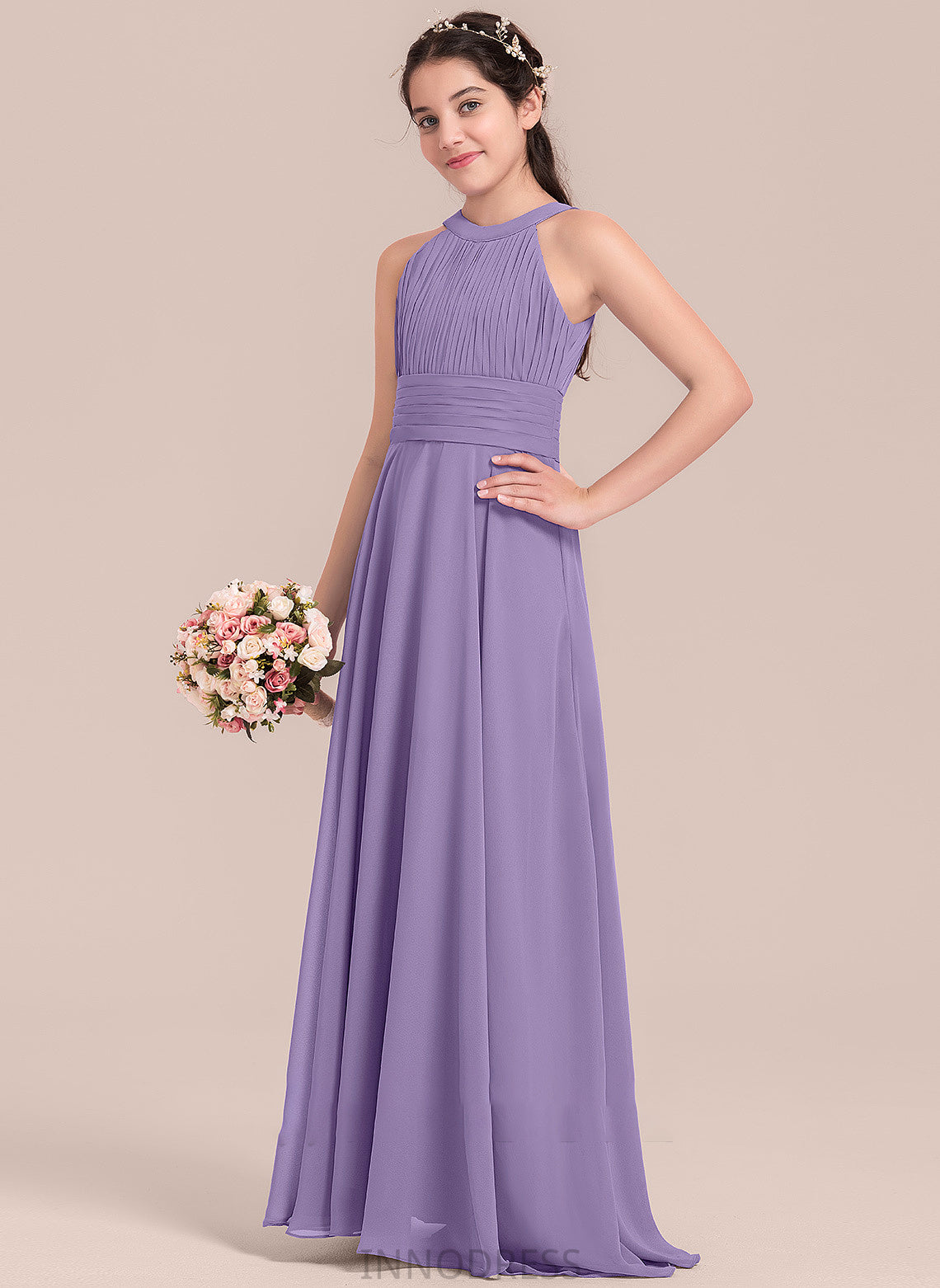 Briana Ruffle Scoop With Neck Junior Bridesmaid Dresses A-Line Floor-Length Chiffon