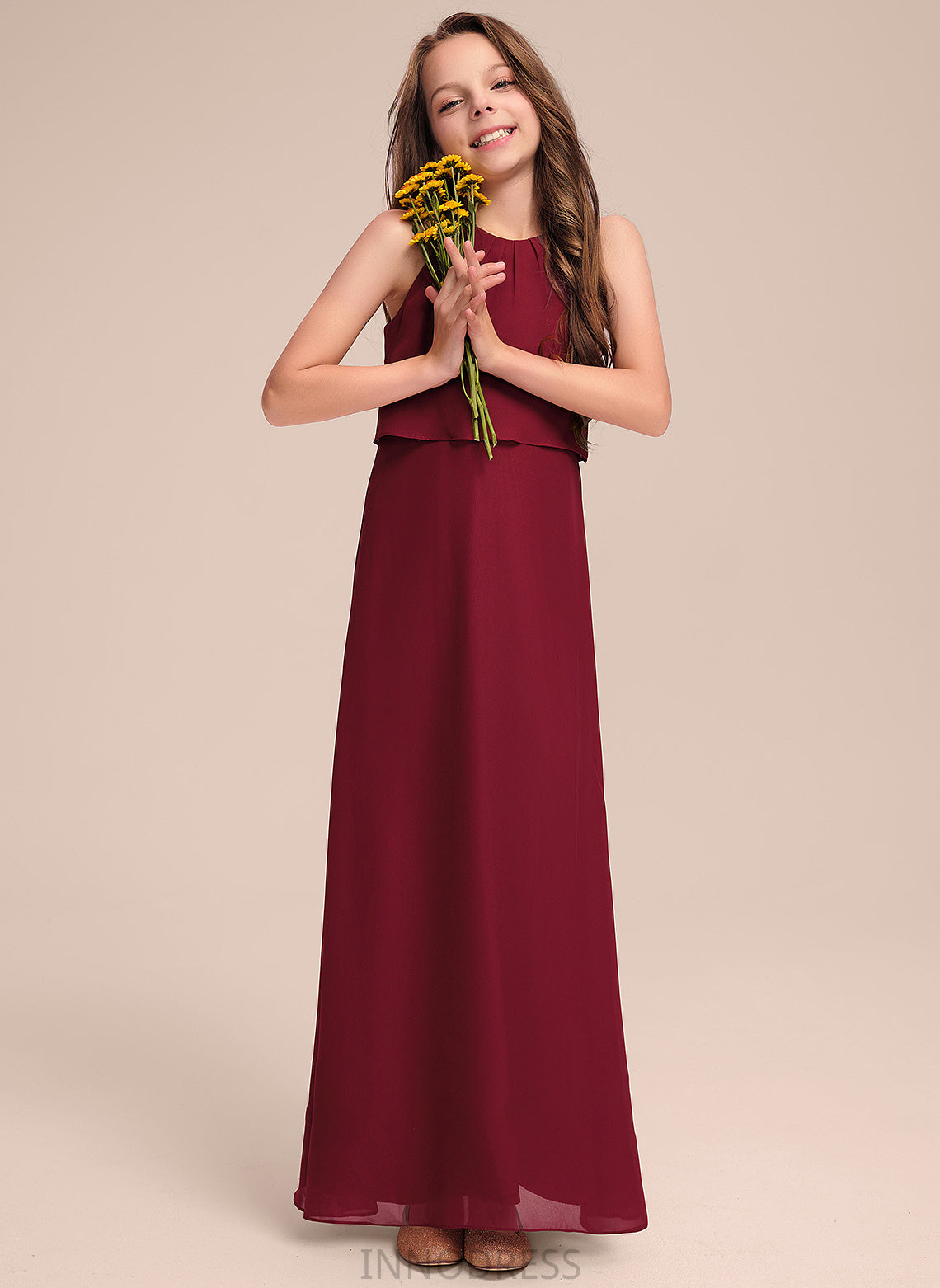 A-Line Ashanti Junior Bridesmaid Dresses With Neck Ruffles Scoop Chiffon Floor-Length