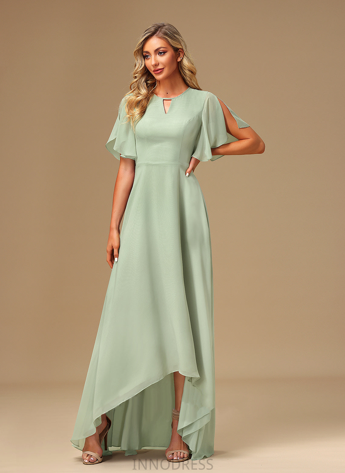 Fabric Length Silhouette Straps Embellishment A-Line Asymmetrical Ruffle Alison Scoop Natural Waist Floor Length Bridesmaid Dresses