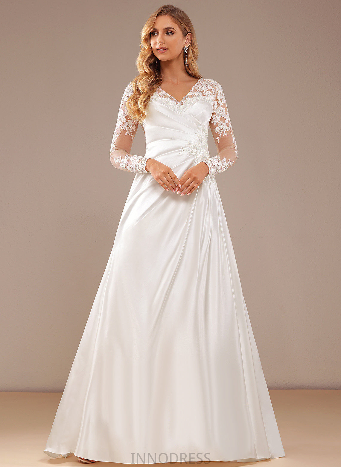 Wedding Court V-neck Satin Lace Wedding Dresses Lillie A-Line Train Lace Dress Sequins With