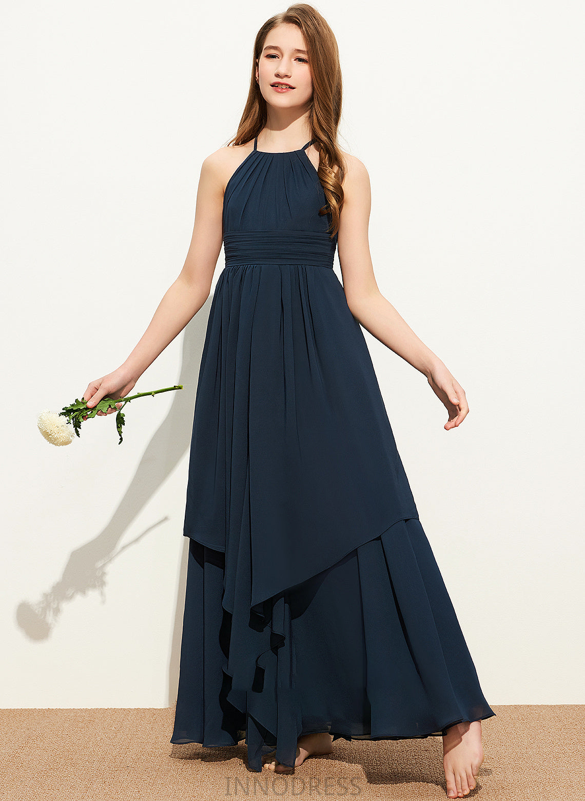 Caroline With Scoop Chiffon A-Line Cascading Neck Ruffles Junior Bridesmaid Dresses Floor-Length