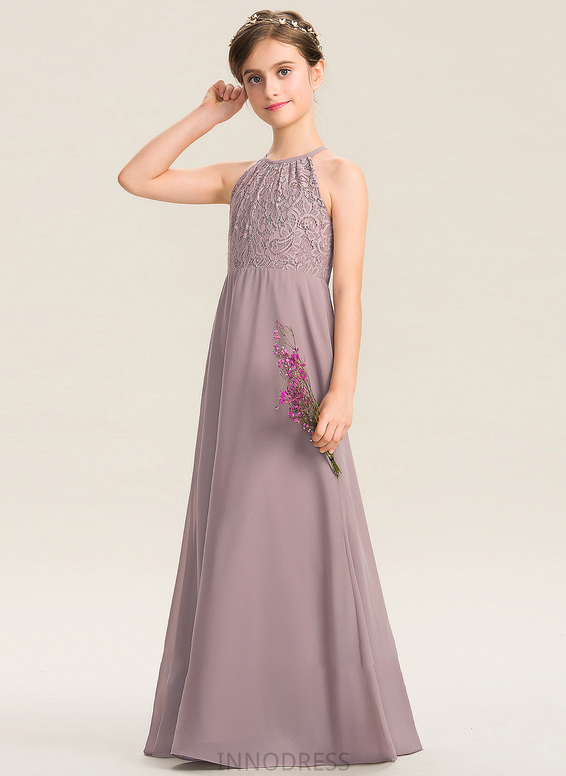 Camila A-LineScoopNeckFloor-LengthChiffonLaceJuniorBridesmaidDressWithRuffle#173272 Junior Bridesmaid Dresses