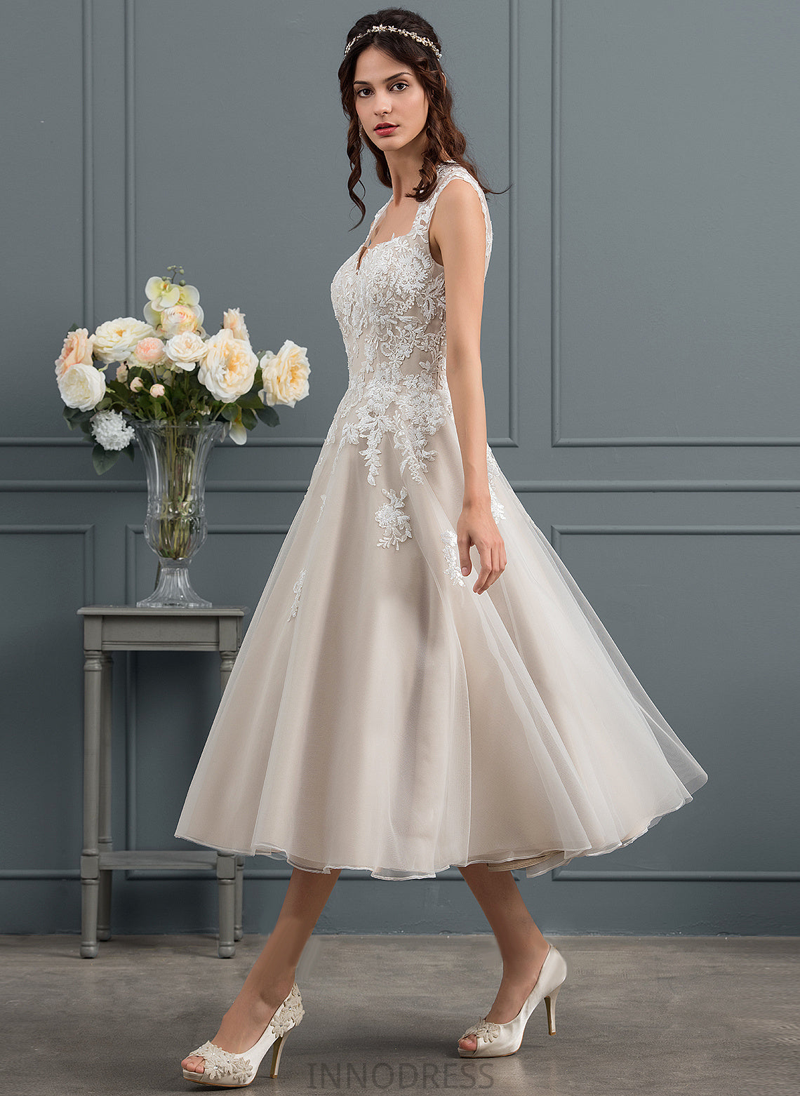 Tea-Length Kaylen Wedding With Dress Wedding Dresses Sequins Lace Sweetheart Ball-Gown/Princess Tulle